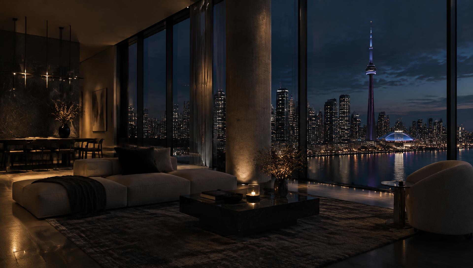 Quiet modern interior with floor-to-ceiling windows and a city view at dusk